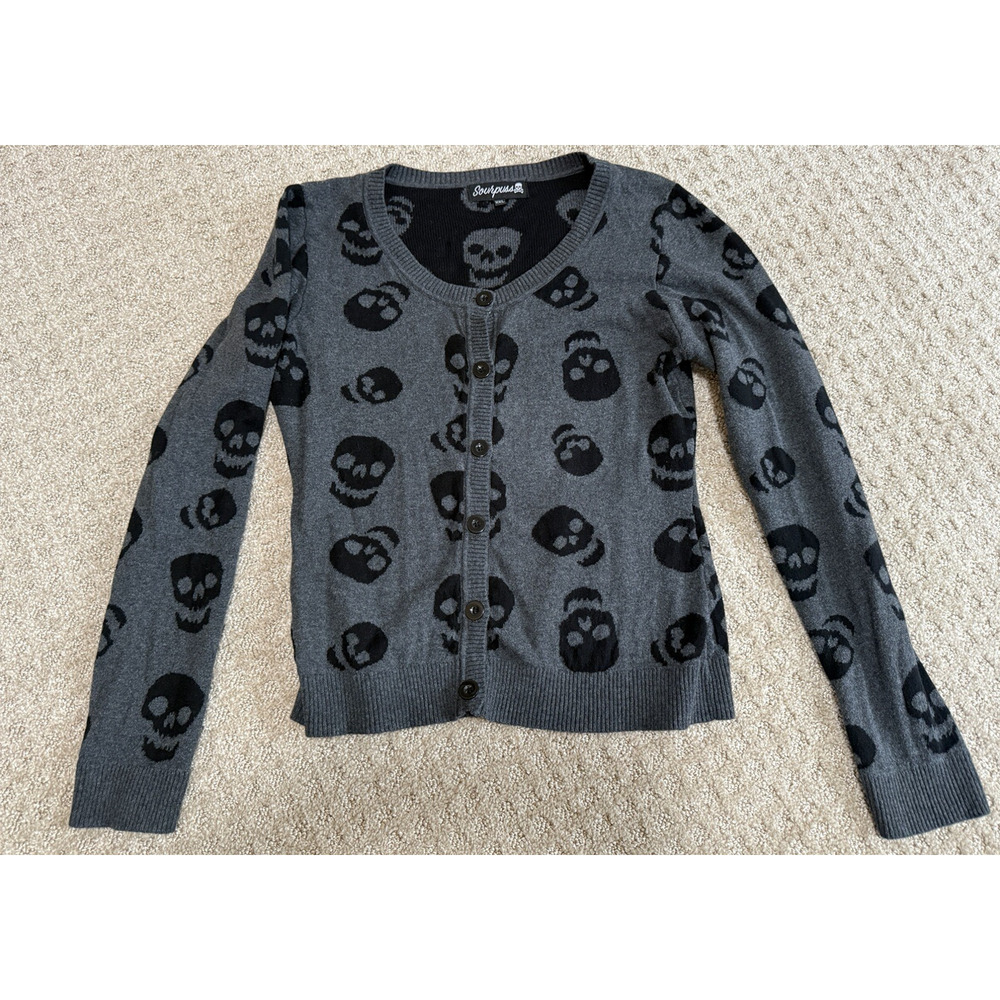 SOURPUSS Skull Cardigan Size XXL (CHECK?) - Black Gray Halloween Spooky Women - Picture 5 of 7